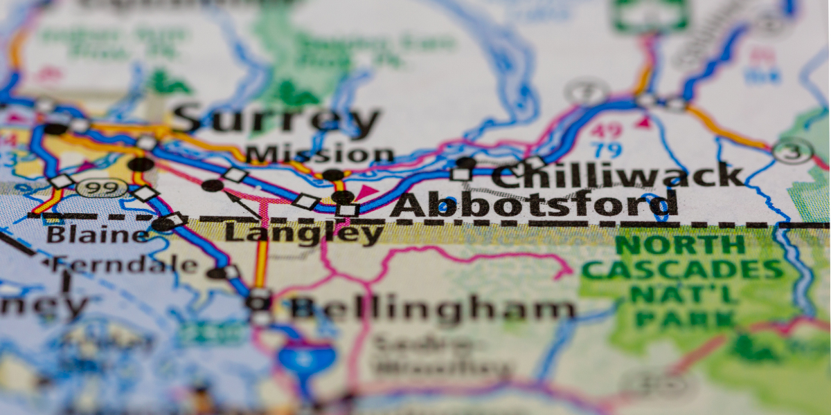 Abbotsford and Chilliwack, British Columbia, Canada shown on a road map.