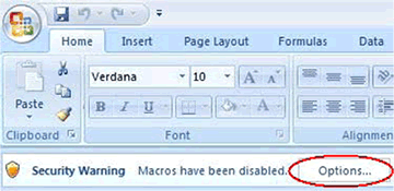 Figure 10a shows part of the Microsoft toolbar. In order to open the questionnaire and activate the macros, you will need to go to the 'Options' button on the security toolbar. 