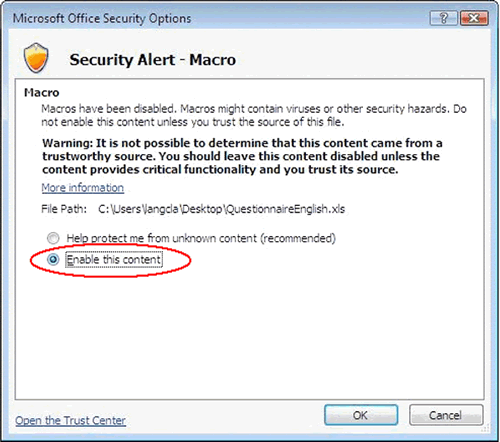 Figure 10b allows you to open the questionnaire by choosing 'Enable this content'. 