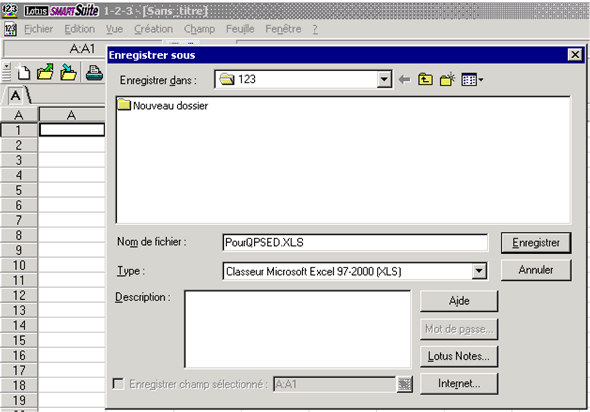 La figure 9a illustre un écran qui vous aide à convertir vos données du format Lotus au format Excel. Choisissez 'Enregistrer sous' sous 'Fichier'. 