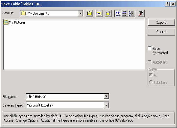 Figure 9c is an image of a screen that allows you to save your data in Excel format. At the bottom of the screen, select 'Microsoft Excel 97'. 