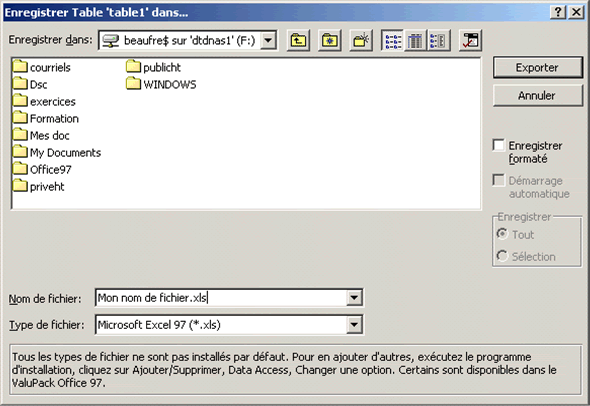 La figure 9c illustre l'écran qui vous permet d'enregistrer vos données dans le format Excel. Au bas de l'écran, choisissez 'Microsoft Excel 97'. 