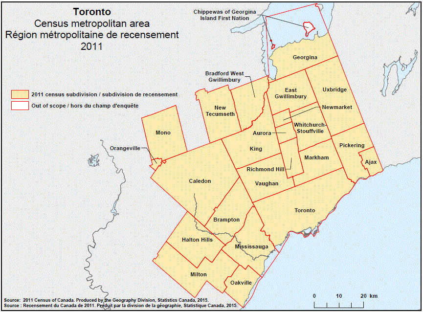Geographical map of the 2011 Census metropolitan area of Toronto, Ontario. 