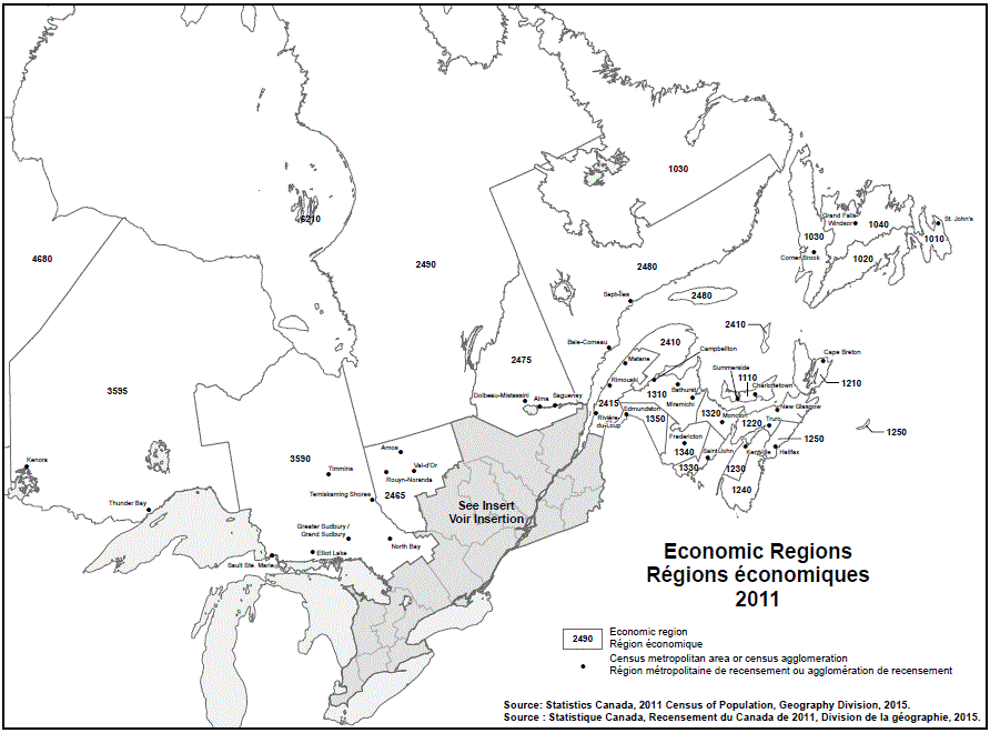 Carte géographique des régions économiques 2011 d’Est – carte 1 de 2. 