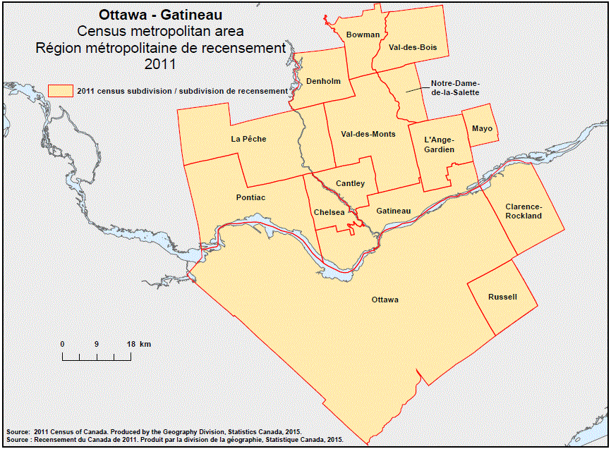 Carte géographique de la région métropolitaine de recensement 2011 d’Ottawa-Gatineau, Ontario 