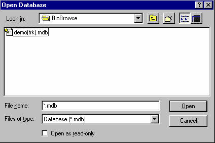 Dialog box to open demo(trk).mdb database file