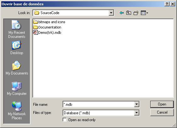 Dialog pour ouvrir le base exemple de donnees, demo(trk).mdb