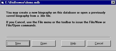 Information dialog box for opening biography files