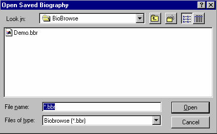 Dialog box to open the saved biography demo.bbr