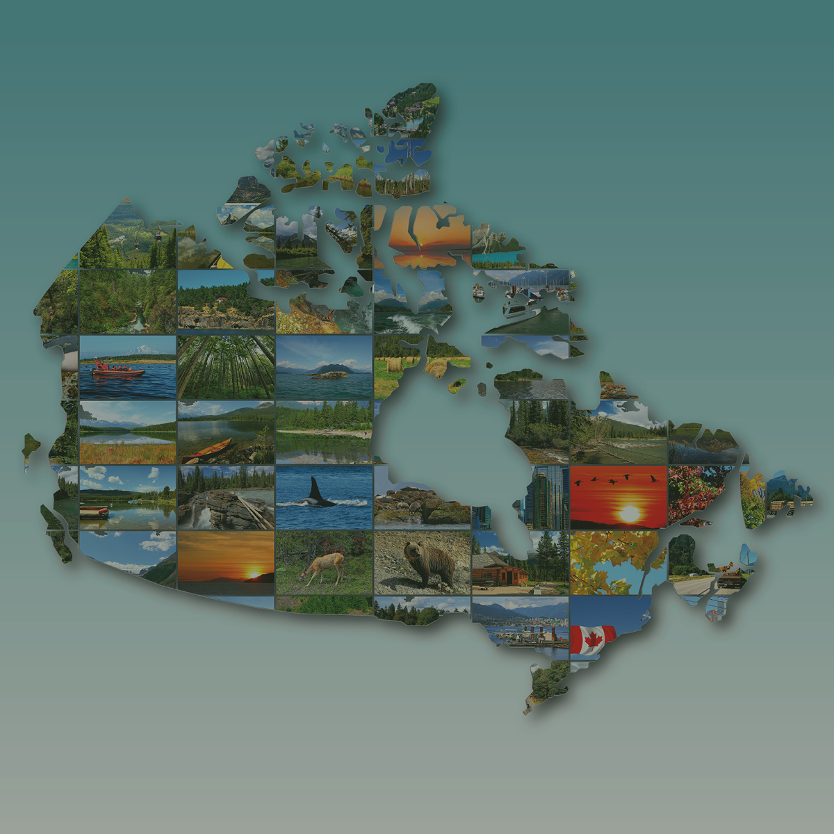 Silhouette de la carte du Canada réalisée à partir de photos de paysages canadiens.
