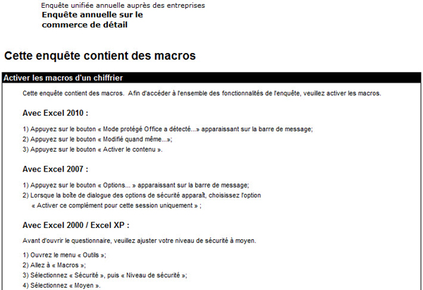 La figure 4b affiche les instructions nécessaires pour ouvrir le questionnaire dans diverses versions d'Excel. 