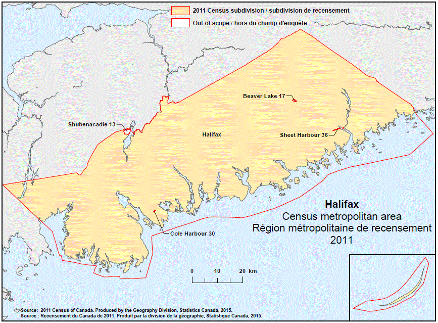 Carte géographique de la région métropolitaine de recensement 2011 de Halifax, Nouvelle-Écosse 