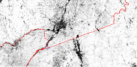 Image reprojetée de l’ IVDN pour les régions d’Ottawa et Montréal avec nuages supprimés, semaine 34, 2009 