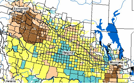 Example of thematic map: Average AVHRR NDVI by municipality (CCS) for Julian week 27, 2009 over the Canadian Prairies 