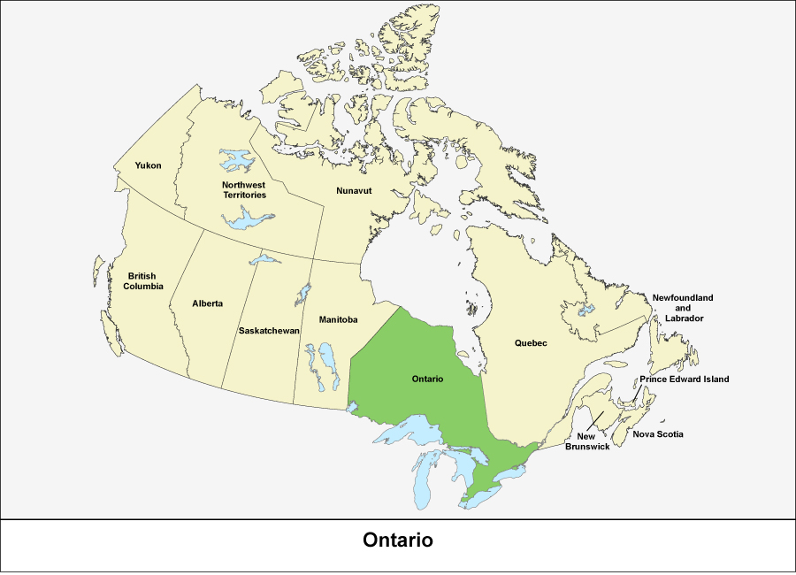 Map of Canada showing the province of Ontario in green 