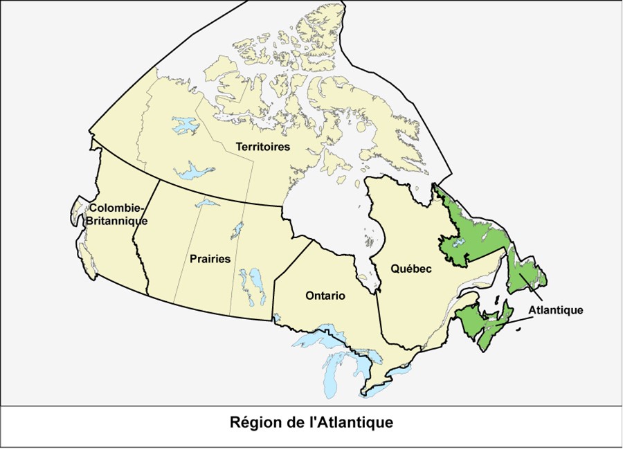 Carte du Canada montrant la région de l'Atlantique en vert. 
