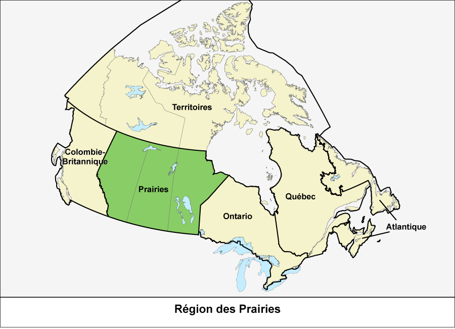 Carte du Canada montrant la région des Prairies en vert 