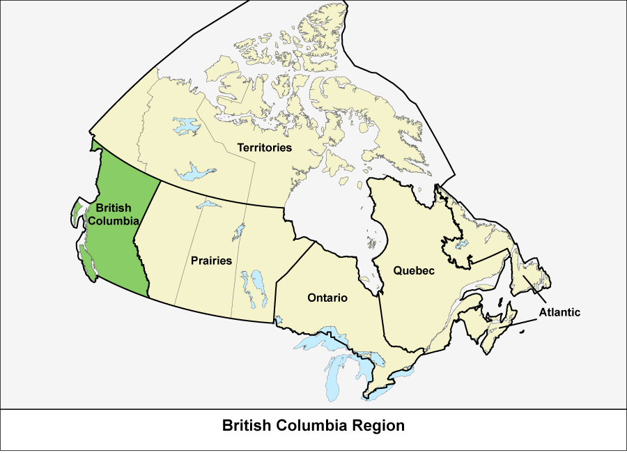 Map of Canada showing the British Columbia Region in green 