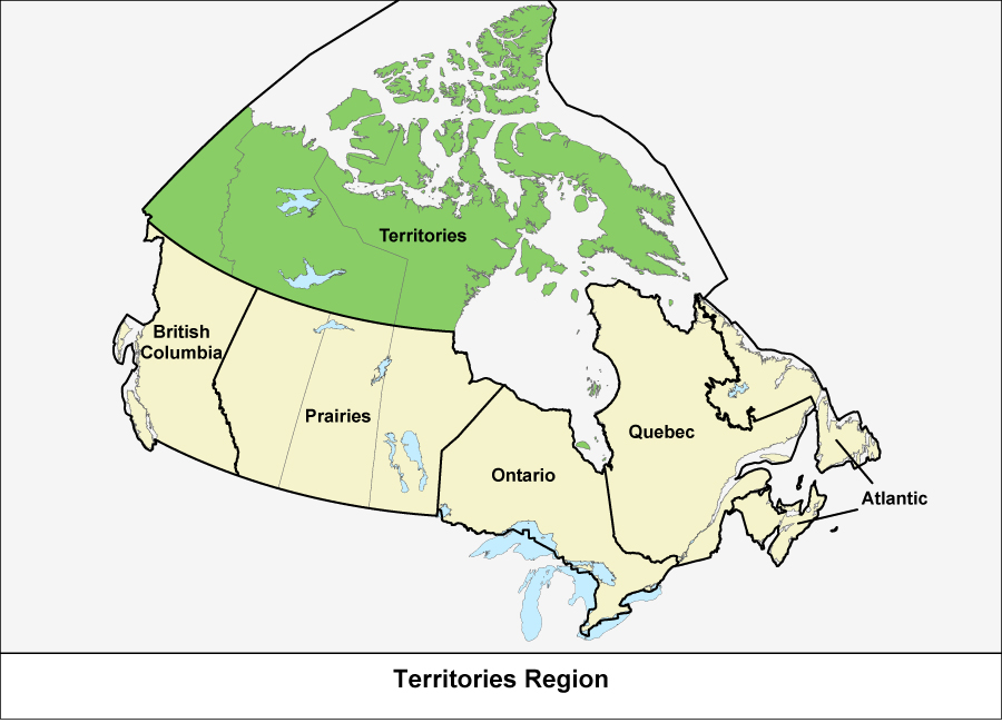 Map of Canada showing the Territories Region in green 
