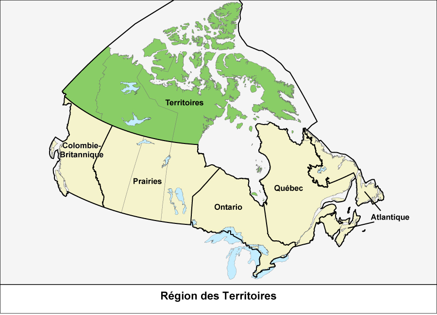 Carte du Canada montrant la région des Territoires en vert 