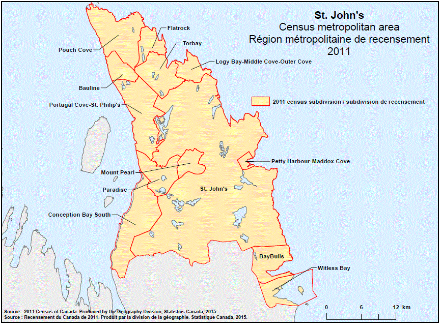 Carte géographique de la région métropolitaine de recensement 2011 de St. John’s, Terre-Neuve-et-Labrador 